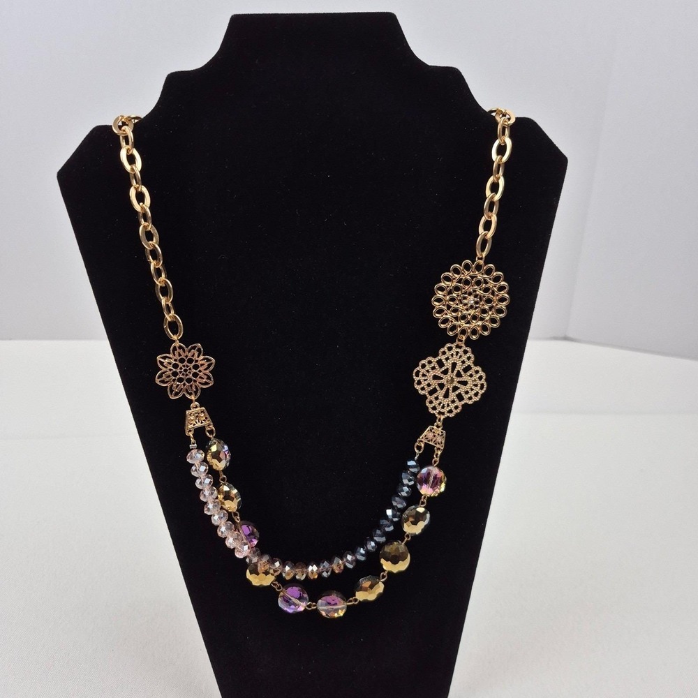 Vtg Gold‎ Tone Filigree Necklace 28-31" Multi Bead Chain Statement Boho Layered